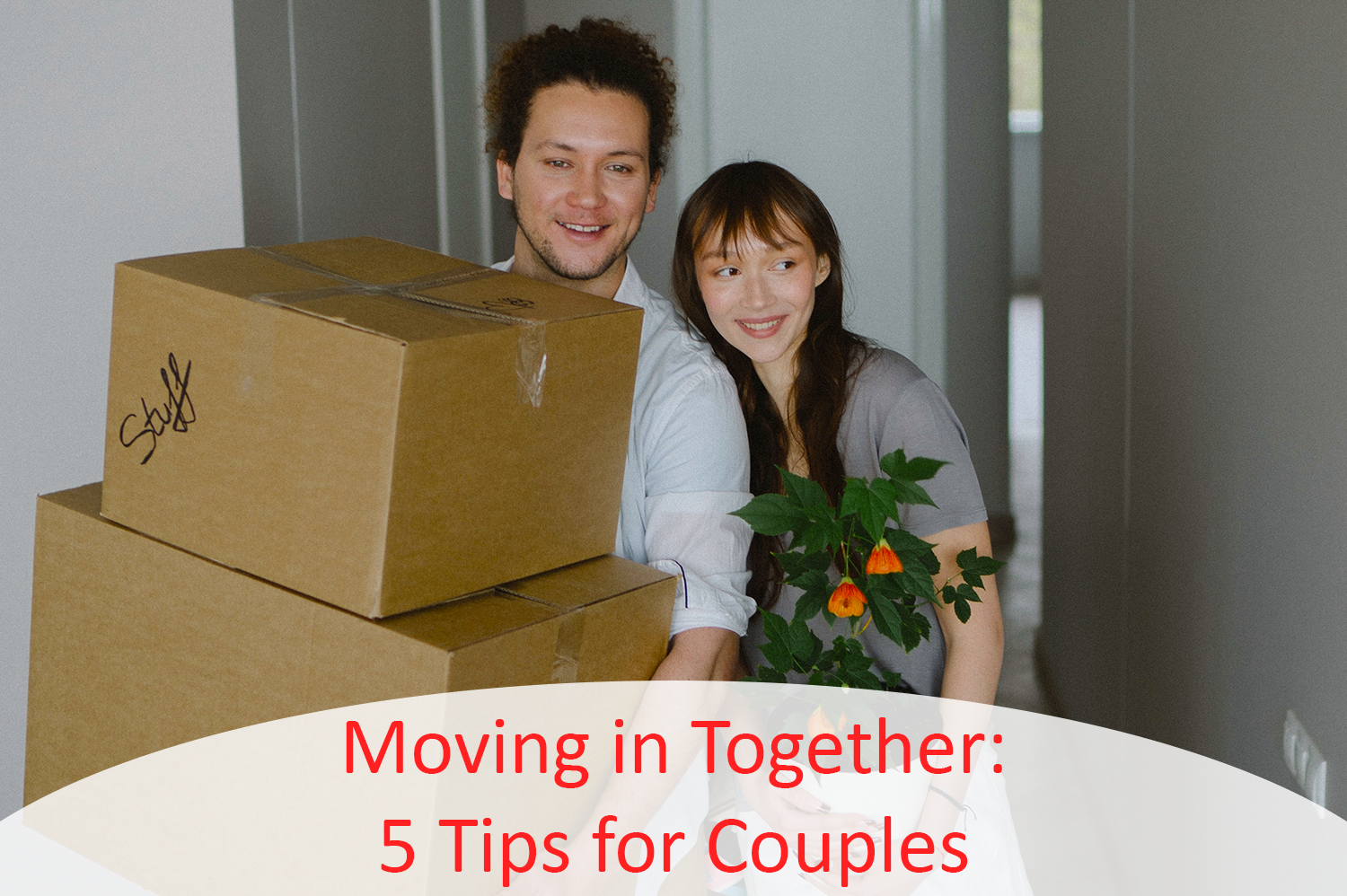 A couple moving in to a new apartment together - the guy is holding two cardboard boxes and the woman is holding a green plant with orange flowers.
