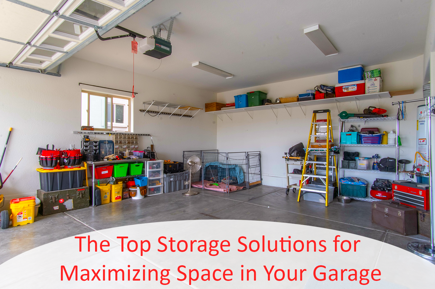 A garage utilzing popular storage solutions to keep it organized.