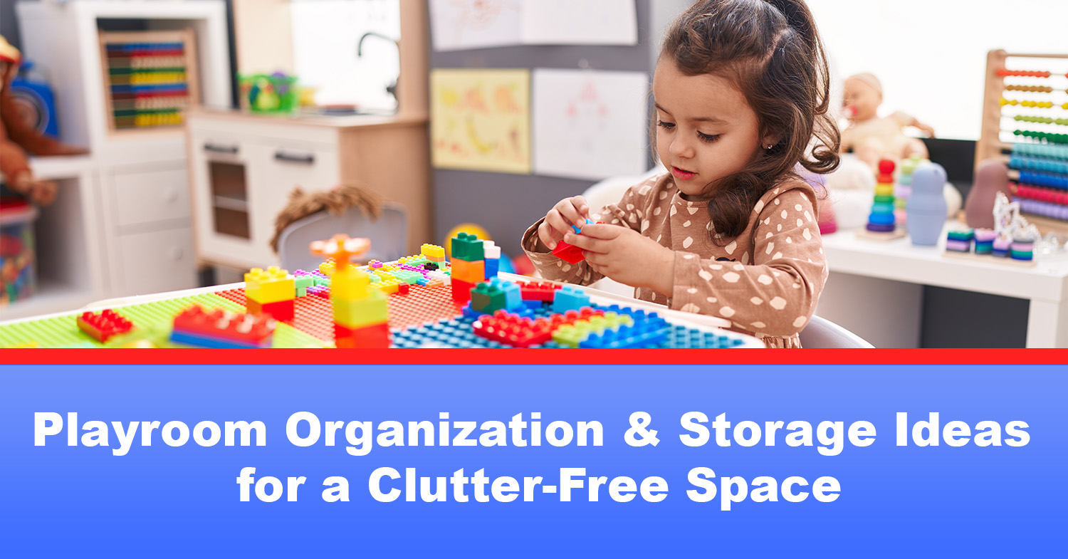A little girl playing in a playroom that has been decluttered using playroom organization tips.